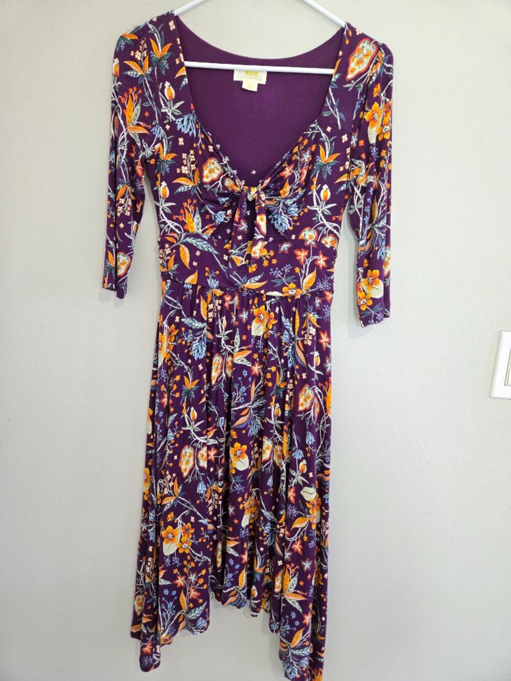 Maeve by Anthropologie "Beloved" Floral Tie-Front Asymmetric Purple Dress sz XSP